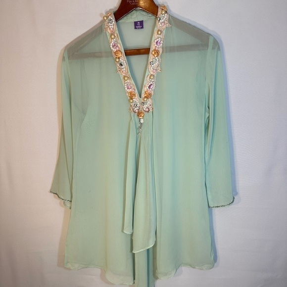 Queenora Womens Blouse Kaftan Lime Green Embedded Beads Ribbon Tunic Tunic Sz L - Picture 1 of 16